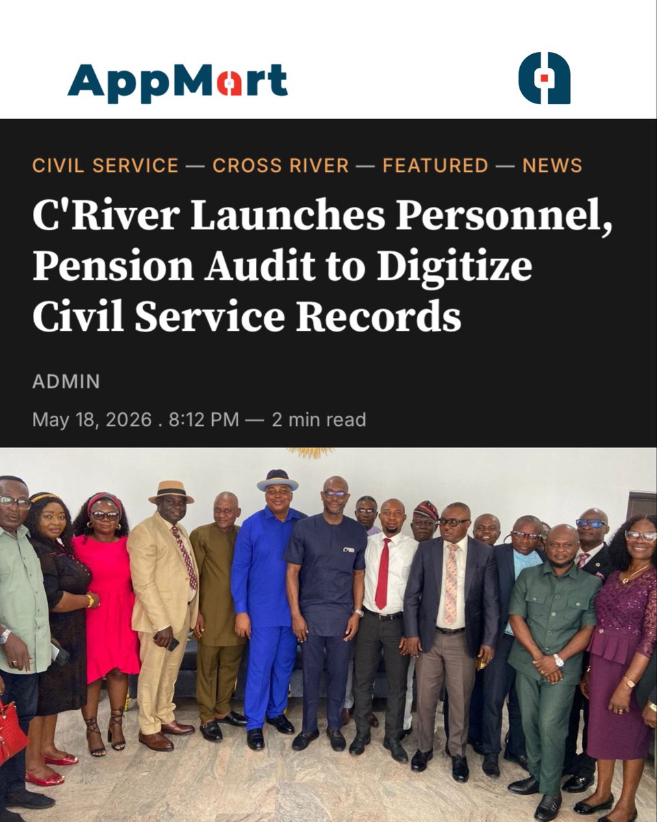 AppMartGroup's tweet photo. We have been appointed Chief Consultant for the Cross River State Personnel and Pension Audit; inaugurated May 18, 2026 by the Head of Service, Orok Bassey Okon.
We are honored and we are ready

Follow us for more updates @appmartng
#appmart #pension #crossriver #paymentsystem https://t.co/fDDcuRN3xE