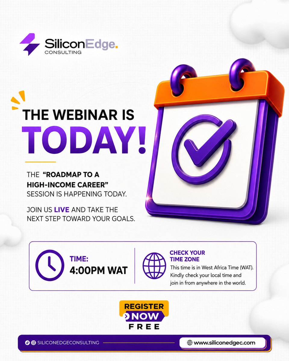 SiliconEdgeCon's tweet photo. 🚨 The Webinar Is TODAY! 

Join us LIVE for “The Roadmap To A High-Income Career” and discover the skills and strategies you need to grow your career and income.

⏰ 4:00PM WAT
🌍 Open Worldwide

Register now:
https://t.co/JoKtXrfBDp

#Webinar #CloudEngineering #TechCareers https://t.co/COb601tEpB