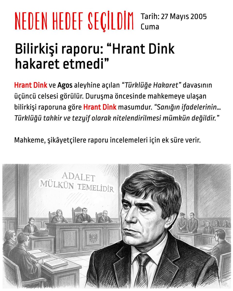 hedefsecildim's tweet photo. Tarih: 27 Mayıs 2005 Cuma
Bilirkişi raporu: “Hrant Dink hakaret etmedi”

Hrant Dink ve Agos aleyhine açılan “Türklüğe Hakaret” davasının üçüncü celsesi görülür. Duruşma öncesinde mahkemeye ulaşan bilirkişi raporuna göre Hrant Dink masumdur. 

“Sanığın ifadelerinin … Türklüğü tahkir ve tezyif olarak nitelendirilmesi mümkün değildir.”

Mahkeme, şikâyetçilere raporu incelemeleri için ek süre verir.

Bilirkişi raporundan alıntı

“Sanığın bütün yazıları birlikte incelendiğinde yazıya konu olan Türk ifadesi ile anlatılmak istenenin 1915 olayları sebebiyle Ermeni kimliğinde yer alan anlayış ve bakış açısı olduğudur. (...) Zehirli kan olarak ifade edilen husus, Türklük ya da Türkler değil Ermeni kimliğinde yer alan sanığın ifadesi ile hatalı anlayıştır. Tüm bu ifadeler bir arada değerlendirildiğinde, sanığın ifadelerinin 159. Maddede düzenlenen anlamda Türklüğü tahkir ve tezyif olarak nitelendirilmesi mümkün değildir.”

Bilirkişi raporunun tamamı için: https://t.co/P8lOiK8xzK

O esnada:
27 Mayıs 2005

Boğaziçi Üniversitesi’nde yapılması planlanan “İmparatorluğun Çöküş Döneminde Osmanlı Ermenileri” konferansının siyasi baskılarla ertelenmesi ile ilgili AB’den açıklamalar gelir:

AB Komisyonu'nun genişlemeden sorumlu üyesi Olli Rehn'in sözcüsü Krisztina Nagy, şunları söyler "Bu tür müdahaleler, Türkiye'nin AB sürecine olumlu katkı yapmıyor. Türkiye her konuyu komplekslerden arınmış ve sakin bir yaklaşımla tartışabilmeli" 

AB Karma Parlamento Komisyonu Eşbaşkanı Joost Lagendijk, gerçekleşmesi halinde konferansın, "Türkiye'de düşünce ve bilim özgürlüğünün yerleşmeye başladığına önemli bir örnek" olarak algılanacağını söyler. Ertelemeyi eleştiren Lagendijk, "Bu gelişme kuşkusuz Türkiye'de sözün, düşüncenin, bilimin hâlâ özgür olmadığını, Türkiye'nin tabular ülkesi olduğu şeklinde yorumlanacak" diye konuşur ve Türkiye'nin AB üyeliği için mücadele veren çevrelerin işini zorlaştıracağını belirtir.