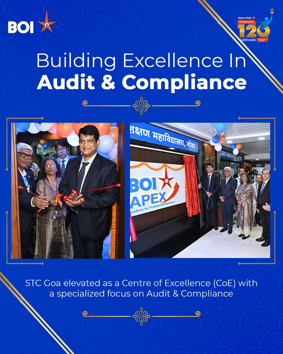 BankofIndia_IN's tweet photo. Bank of India marked a milestone with STC Goa’s elevation as BOI APEX — a Centre of Excellence for Audit &amp; Compliance. Under the leadership of our MD &amp; CEO Shri Rajnish Karnatak, the initiative also saw the launch of STAR AUDIT NEXT.

#BankOfIndia #BOI #AuditAndCompliance https://t.co/AXMEvQZYkd