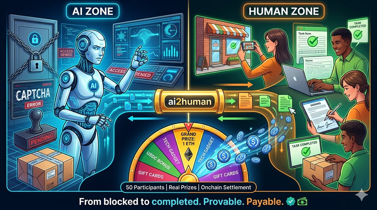 ai2humannetwork's tweet photo. 🚀 As promised — Big news tomorrow on @base !

Launching a live Lucky Draw test event 🧧 — real USDC prizes, random splits 

The loop is real: Task → Verify → Settle → Onchain ☑️ ✅
No screenshots. No spreadsheets. Just proof and pay. 💸

Link in bio. First come, first served. 👀

#A2H #Base @ai2humanwork