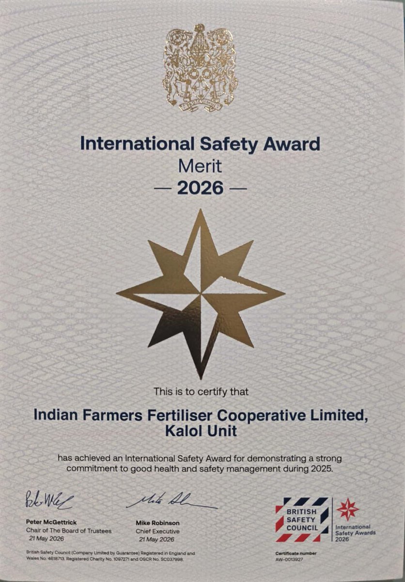 pksingh_iffco's tweet photo. Proud moment for IFFCO Kalol! Team Kalol has received the BSC International Safety Award in recognition of our unwavering commitment to Workplace & Process Safety Excellence.

This achievement reflects the dedication, discipline, and collective efforts of every employee and stakeholder in building a robust safety culture.

Safety is not just a priority — it is our core value. 🤝✨ @IFFCO_PR 

#SafetyExcellence #BSCAward #InternationalSafetyAward #WorkplaceSafety #ProcessSafety #Teamwork #IFFCOKalol