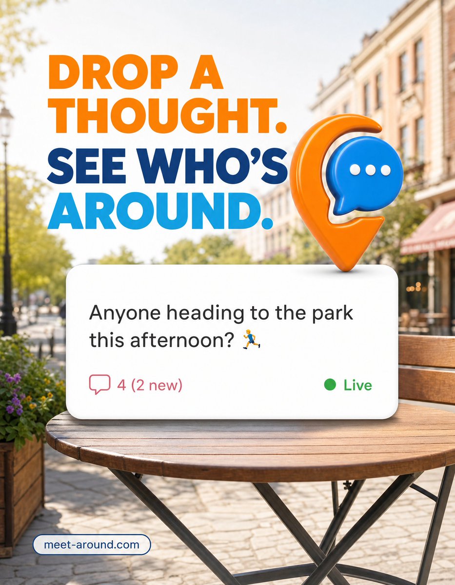 meetaroundapp's tweet photo. Drop a thought. 
See who's around. 📍  

Type what you're up to. Pin it on the map. See who actually wants to join.  No group chats.

 No "anyone free?" into the void.  

Find us at https://t.co/vnMZnT5Tsi #MeetAround https://t.co/HUzHoImSRA