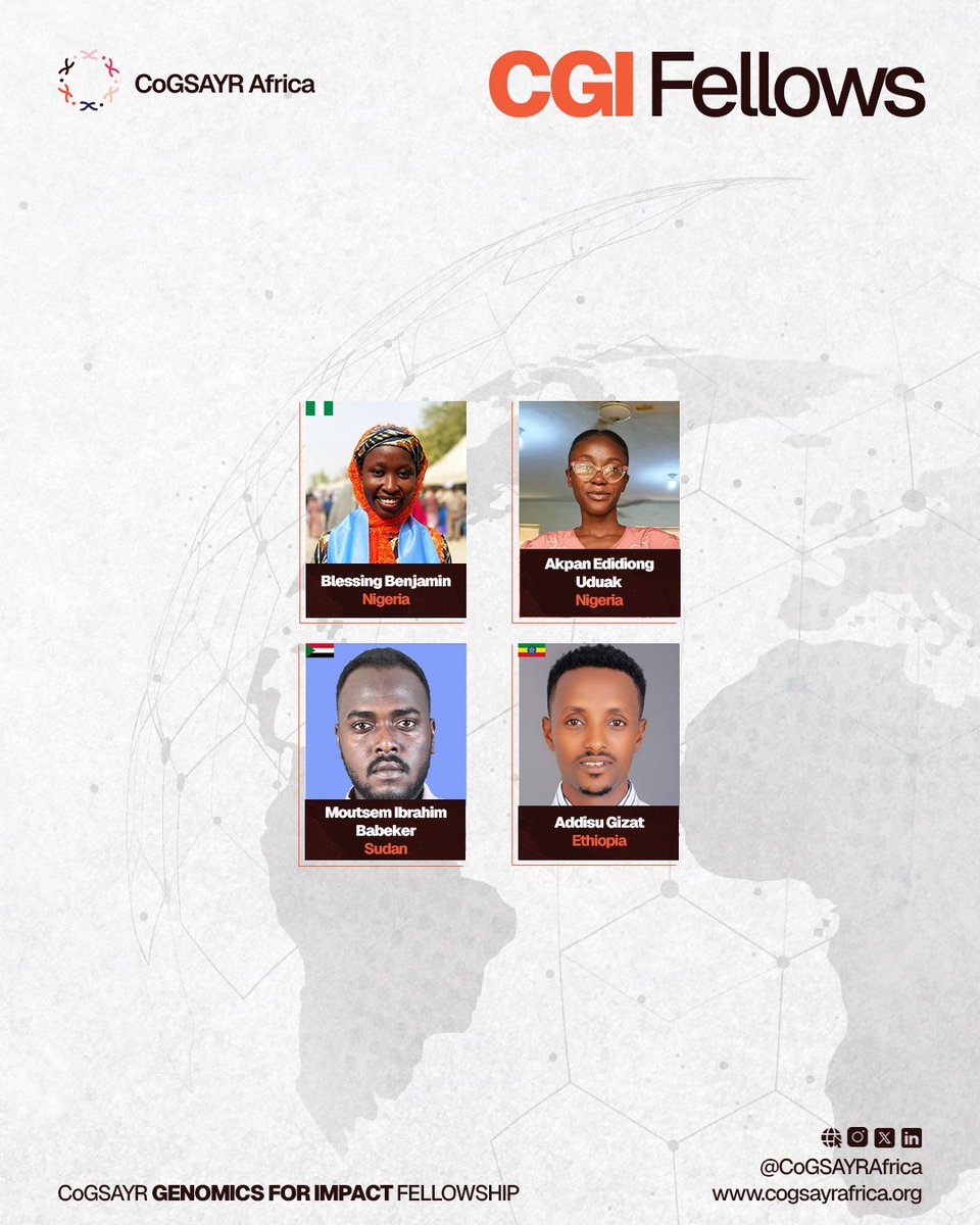 cogsayr_africa's tweet photo. Introducing the CGI Fellowship Inaugural Cohort✨.

52 young scientists from across Africa, selected from 1,854 applicants in 60 countries. 

Over the next ten weeks, they'll move through various genomics modules taught and guided by African researchers already doing the work. https://t.co/RgmwCckCGy