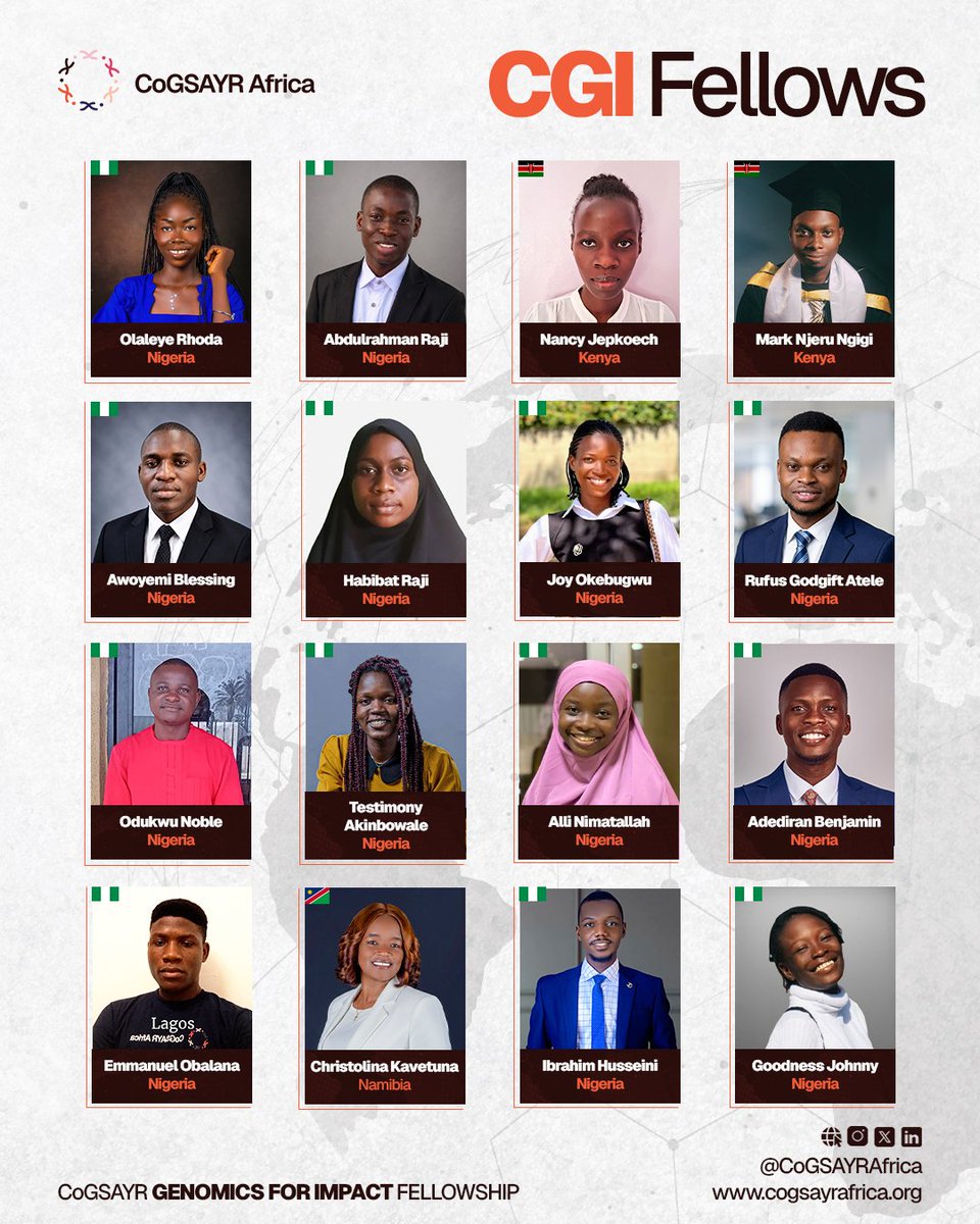 cogsayr_africa's tweet photo. Introducing the CGI Fellowship Inaugural Cohort✨.

52 young scientists from across Africa, selected from 1,854 applicants in 60 countries. 

Over the next ten weeks, they'll move through various genomics modules taught and guided by African researchers already doing the work. https://t.co/RgmwCckCGy