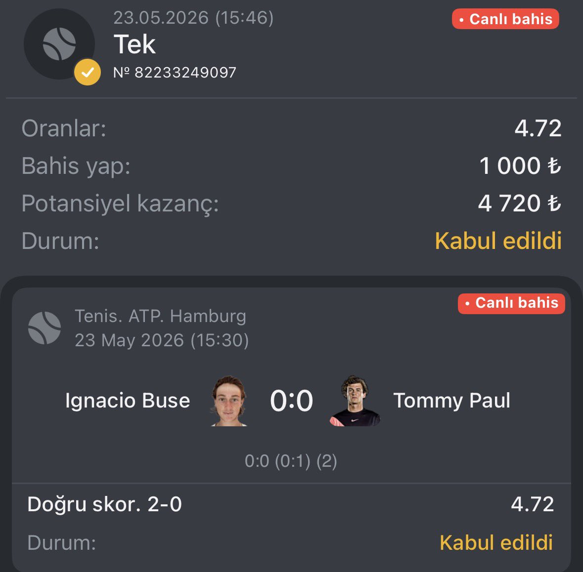 TenisIQ's tweet photo. Roland Garros öncesi şu bahisi aldım!

Tommy Paul için biçilmiş kaftan bi zemin Hamburg zemini fakat Buse için Dream Week olduğunu düşünüyorum. Set vermeden kazanır oranı çok çok güzel geldi gözüme 

Herkese bol şans https://t.co/pt269iR5tB