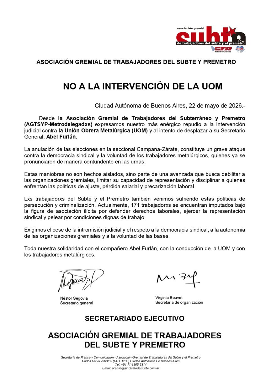 prensadelsubte's tweet photo. Desde la Asociación Gremial de Trabajadores del Subterráneo y Premetro (AGTSYP-Metrodelegadxs) expresamos nuestro más enérgico repudio a la intervención judicial contra la Unión Obrera Metalúrgica (UOM) y al intento de desplazar a su Secretario General, Abel Furlán.

La anulación de las elecciones en la seccional Campana-Zárate, constituye un grave ataque contra la democracia sindical y la voluntad de los trabajadores metalúrgicos, quienes ya se pronunciaron de manera contundente en las urnas.

Estas maniobras no son hechos aislados, sino parte de una avanzada que busca debilitar a las organizaciones gremiales, limitar su capacidad de representación y disciplinar a quienes enfrentan las políticas de ajuste, pérdida salarial y precarización laboral

Lxs trabajadorxs del Subte y el Premetro también venimos sufriendo estas políticas de persecución y criminalización. Actualmente, 171 trabajadores se encuentran imputados bajo la figura de asociación ilícita por defender derechos laborales, ejercer la representación sindical y pelear por condiciones dignas de trabajo.

Exigimos el cese de la intromisión judicial y el respeto a la democracia sindical, a la autonomía de las organizaciones gremiales y a la voluntad de las bases.

Toda nuestra solidaridad con el compañero Abel Furlán, con la conducción de la UOM y con los trabajadores metalúrgicos.