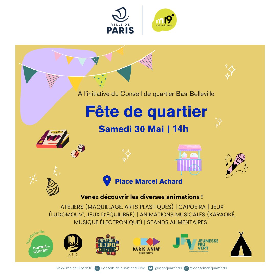 monquartier19's tweet photo. SAVE THE DATE 📢 :
Le Conseil de quartier Bas-Belleville et ses partenaires organisent leur fête de quartier le samedi 30 mai à la Place Marcel Achard !

Rendez-vous dès 14h pour découvrir nos nombreuses animations, détaillées dans l'affiche ci-desous 👇
#BasBelleville #fête https://t.co/DZRK5N7N5b