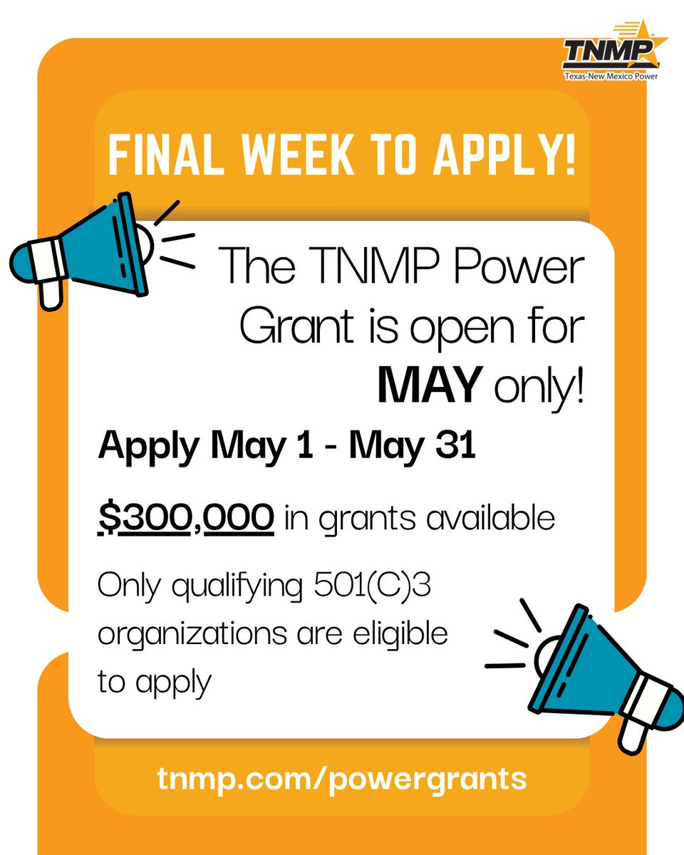 TNMP's tweet photo. This is a reminder that the applications for the 2026 TNMP Power Grants are CLOSING SOON! ⚡
TNMP is proud to invest $300,000 in community‑strengthening projects across our service areas, with grants of up to $10,000 available for qualifying nonprofit organizations.
If your organization is working to advance education, economic vitality, or the environment, we encourage you to apply and help make a lasting impact in the communities we serve.
Learn more and apply by May 31: https://t.co/m858sdFE6U