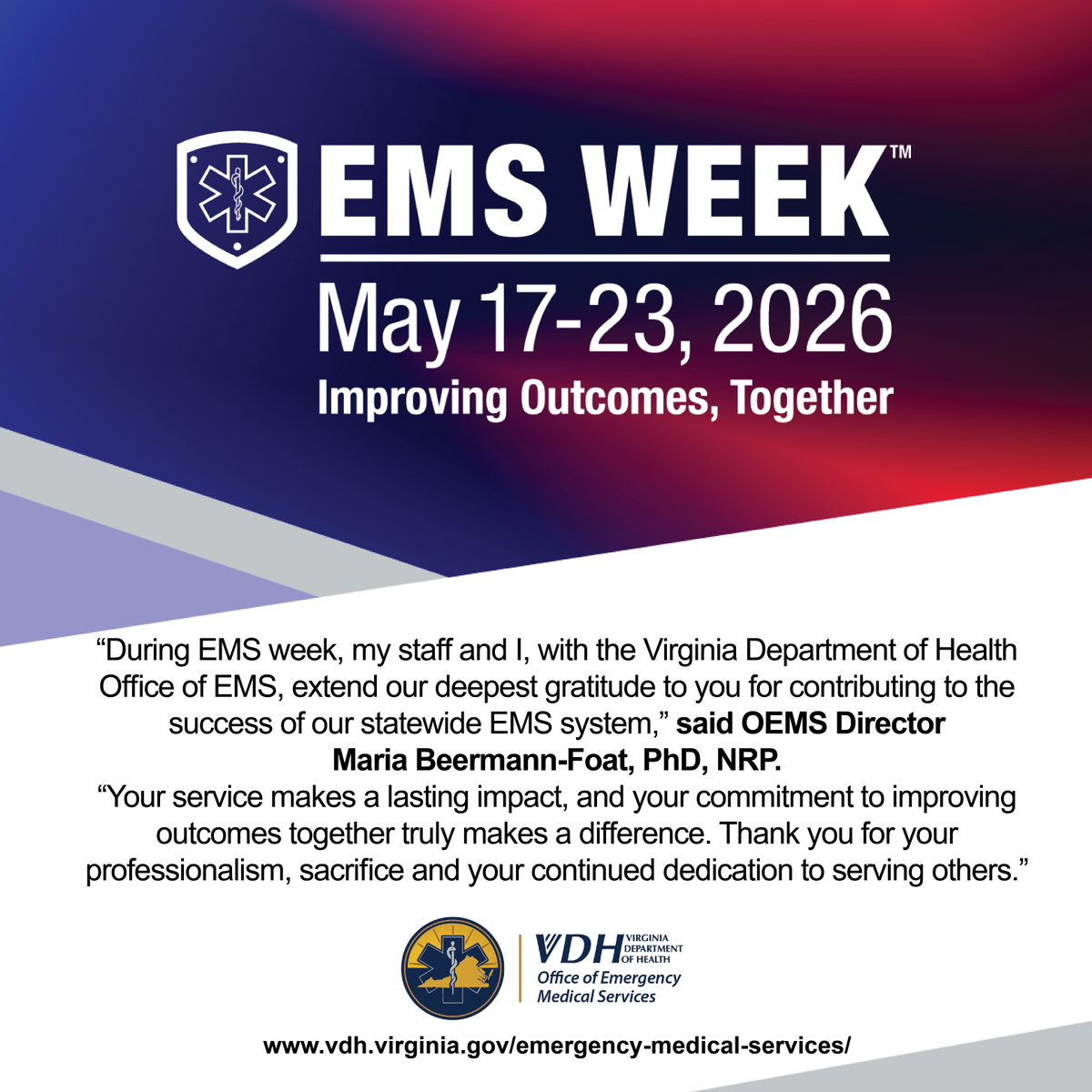 virginiaems's tweet photo. As we close out #EMSWeek, we share this special letter from OEMS Director Dr. Maria Beermann-Foat to honor and recognize EMS providers. “Thank you for your professionalism, sacrifice and your continued dedication to serving others.” Read more: https://t.co/IYDUbmbGPC https://t.co/p9rW3ly6fI