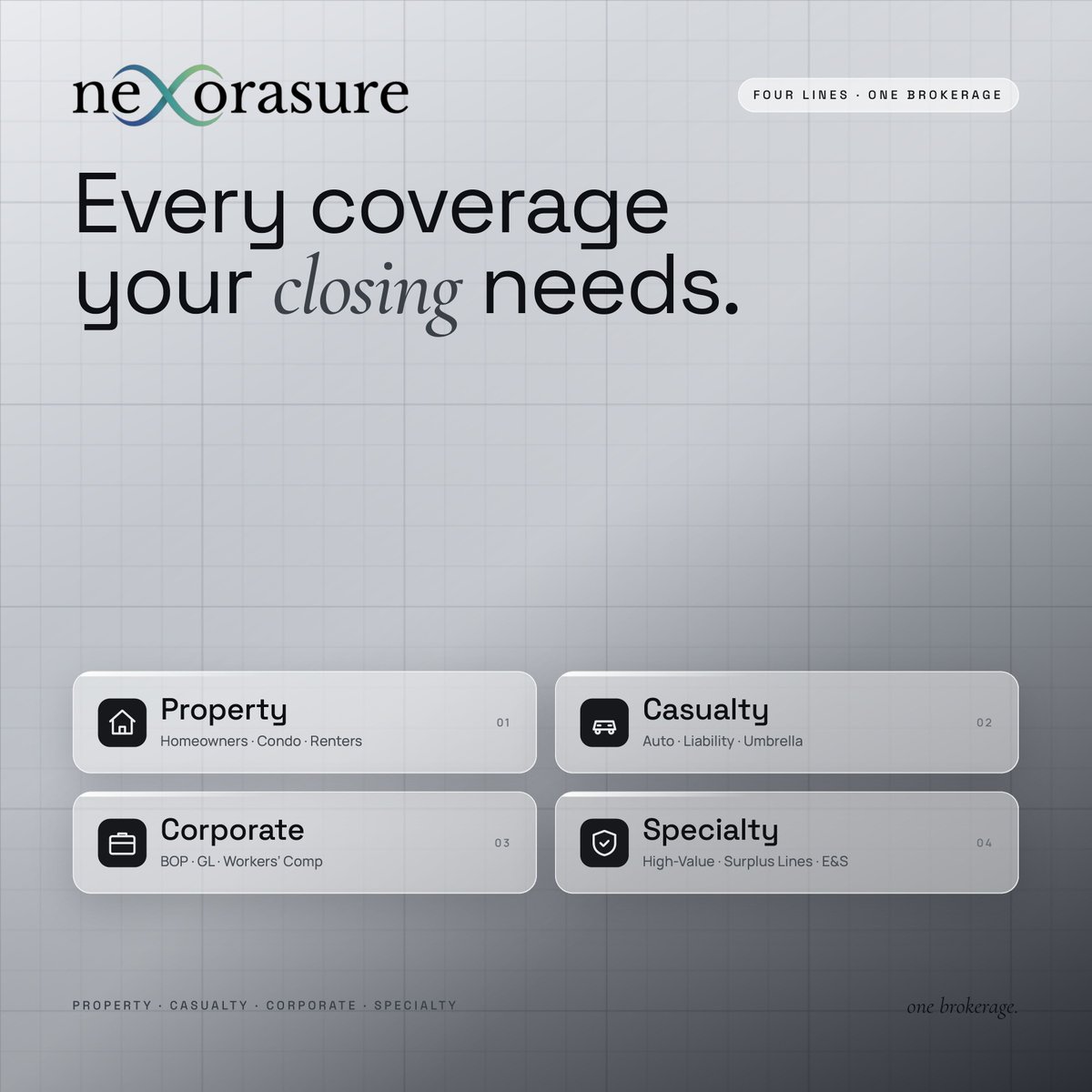 Nexorasure's tweet photo. Casualty. Corporate. Specialty.
One brokerage. Every coverage your closing needs.
No referrals out. No loose ends. No delayed deals.
#Nexorasure #PCInsurance #CaliforniaInsurance #CARealEstate #MLO #OneBrokerage #ClosingOnTime https://t.co/ZAdsiopWDs