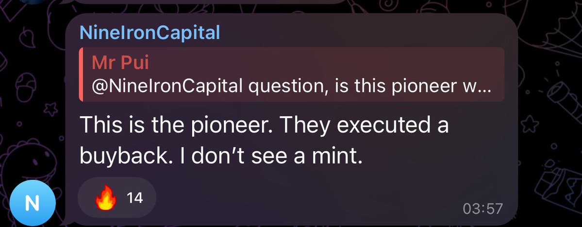ALPHA_WOLF_WGPP's tweet photo. The legendary 1967 Pioneer wallet, the Day 1 OGs has interacted with $PMINT.

Mr Pui spotted, NineIronCapital confirmed:

“This is the pioneer. They executed a buyback.” Not a mint. A straight buyback on the open market.

Now we have confirmation for what $PMINT actually is.. 🚀 https://t.co/wGOzxdd0sX