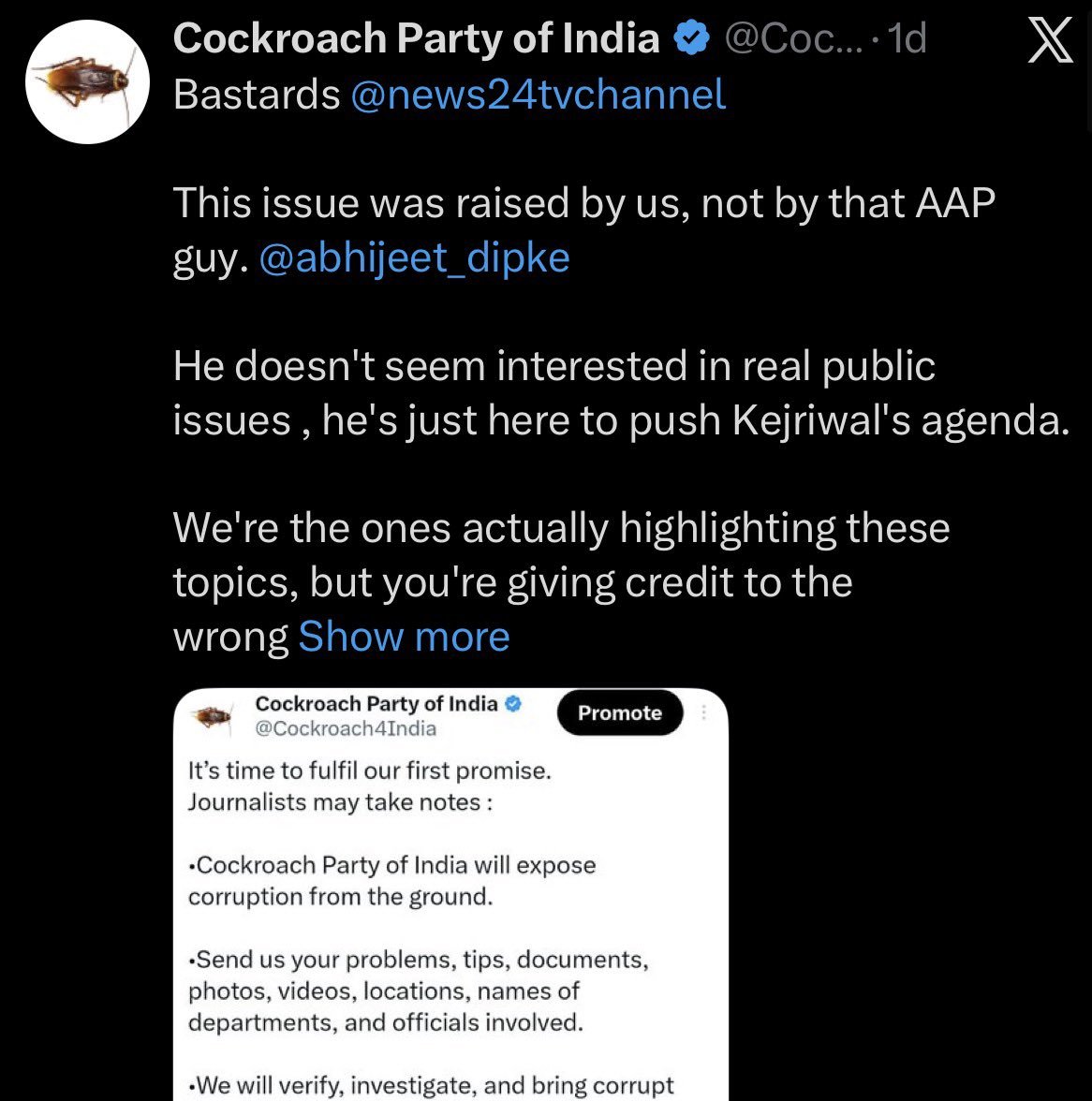 Cockroachs_2026's tweet photo. This account @ Cockroach4India is a fake account created by BJP IT Cell and impersonating to be Cockroach Janta Party. Please report.

Original accounts are @CJP_2029 @Cockroachisback @Cockroachs_2026 https://t.co/3kRePTXU6B