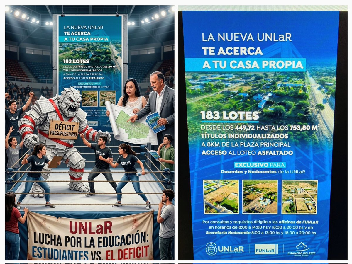 EstudianteUNLaR's tweet photo. La UNLaR se associó con una inmobiliaria privada para vender 183 lotes. Sin matrícula. Sin autorización legal. Lo que hicieron es ilegal, no opinable.

La misma universidad que no rinde fondos y cerró la guardia del Hospital.

¿Dónde está la SIGEN? #AuditoríaYa 
@AleCiroAlvarez https://t.co/WRCMuegcbE