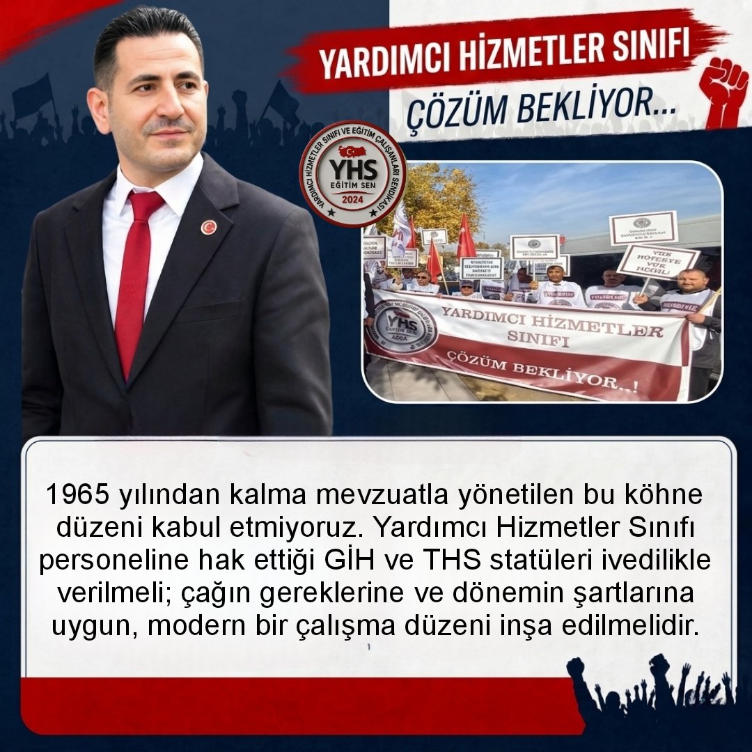yhsplatform's tweet photo. 1965 yılından kalma mevzuatla yönetilen bu köhne düzeni kabul etmiyoruz. Yardımcı Hizmetler Sınıfı personeline hak ettiği GİH ve THS statüleri ivedilikle verilmeli; çağın gereklerine ve dönemin şartlarına uygun, modern bir çalışma düzeni inşa edilmelidir.

#YhsMeclisteÇözümBekliyor
#YardımcıHizmetlerSınıfı 

@RTErdogan @hasandogan
@eczozgurozel @csgbakanligi @MDervisogluTR @dbdevletbahceli @MevlutCavusoglu
@ErbakanFatih
@cevdetyilmaz @ComezTurhan @gamzetascier @hasanozturkmen
@melih_meric @gamzeilgezdi @aefakibaba @Mahi_Nur @mustafaelitas
@isikhanvedat
@yilmaztunc
@leylasahinusta
@avomerozmen
@oktay_saral @cenginyurt52
@Mehmetasila19 @DoganBekin
@mehmetucum
@Y_Akdogan
@drsoysal
@farukozcelikgsb
@MKalayci42
@ifarukaksu
@alikeskinkilic
@belginuygur10
@selcukktepeli
@fethigurer @selcukozdag @SalihUzunDr @avidrissahin @abdulhamitgul @memetsimsek
@Cem__Sahin