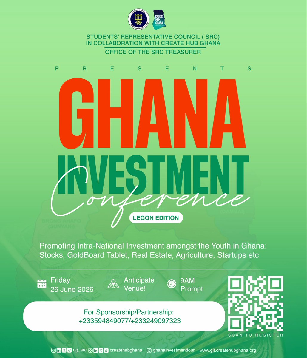 ceosanta's tweet photo. Africa’s future will not be built by spectators. It will be built by owners.

For too long, our systems have trained young people to work for wealth, but not to own it. While Africa remains rich in resources, many Africans remain disconnected from the power of investing, ownership, and economic participation.

The Ghana Investment Tour(GIT) was born to change that which brought to you by CREATE Hub Ghana In collaboration with University of Ghana Students’ Representative Council(UG-SRC)

This maiden edition is the beginning of a movement to educate, equip, and awaken a generation of financially conscious Africans who understand that true economic freedom comes through ownership; ownership of businesses, land, agriculture, stocks, innovation, and African value systems.

On 26th June at 9AM, we gather at the University of Ghana to start a conversation that can reshape the future of our continent.

If you are a student, entrepreneur, creative, innovator, or young professional who believes Africa’s wealth should also belong to Africans, then this is for you.

A new generation must rise; one that doesn’t just consume Africa, but builds, invests in, and owns Africa.

Venue: CEDI CONFERENCE CENTRE

Register : https://t.co/gFrZbYUCdI 🔗 

#GhanaInvestmentTour #InvestInAfrica #Africa  #panafricanism #financialliteracy