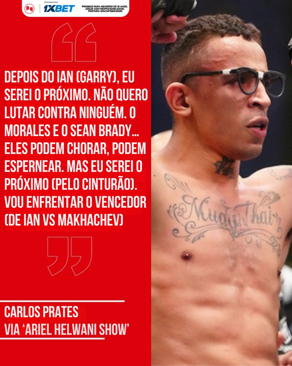 AgFight's tweet photo. SE FOR CHORAR MANDA ÁUDIO! 🤣🎙️
Essa é a vibe do Carlos Prates para os demais concorrentes pelo 'title shot' nos meio-médios (77 kg).
A posição do brasileiro é clara: depois do Ian Garry, o próximo da fila é ele.🤷♂️
É de fato o mais justo?
#Prates #TitleShot #UFC #Concorrência https://t.co/ngGnx9Ev9x