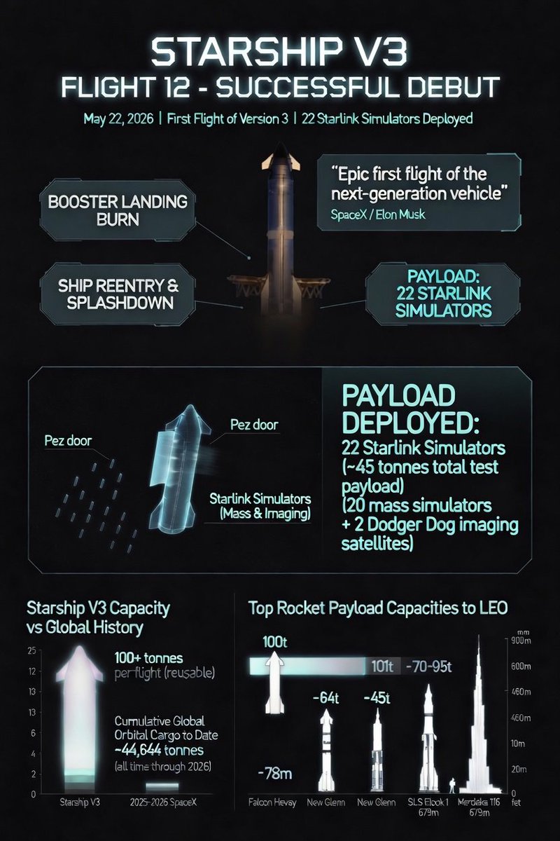 savanc's tweet photo. Starship V3 — Flight 12
✅ Successful debut
✅ 22 Starlink Simulators deployed
✅ ~45 tonnes total test payload
Designed for 100+ tonnes to LEO reusable.
Let that sink in.

Congratulations @SpaceX team 🌕🚀 https://t.co/OwK0fYkqc6