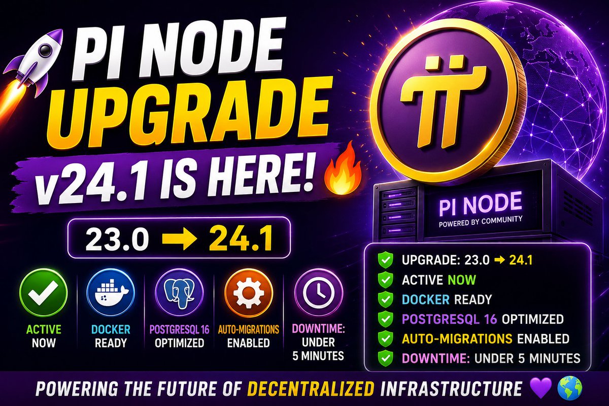 jennyscryptocla's tweet photo. 🚀 PI NODE UPGRADE v24.1 IS NOW LIVE 🔥
⚡ Updated from version 23.0 to 24.1
✅ Now active
🐳 Supports Docker
🛡️ Improved with PostgreSQL 16 optimization
⚙️ Automatic updates and migrations included
⏱️ Very short downtime (less than 5 minutes)

#PINode #Upgrade #Blockchain #pi https://t.co/jgT5ZsCDOy