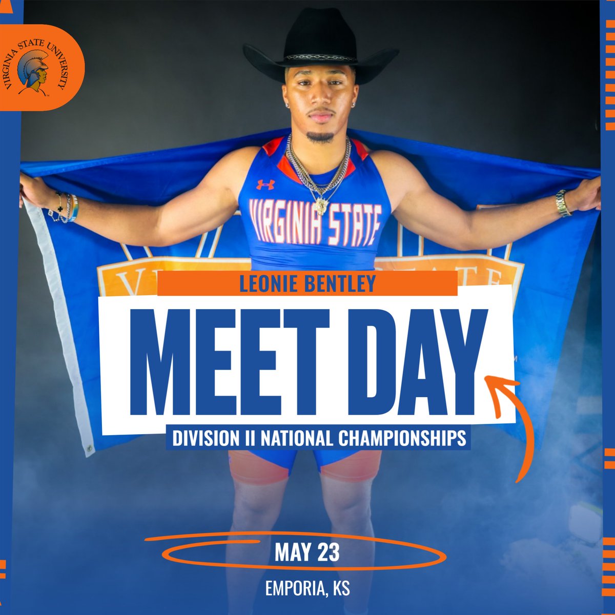 VSUsports's tweet photo. Best of luck to our Sprinter Leonie Bentley who will compete in the Division II 100m and 200m final! He runs the 100m at 5:55pm and the 200m at 7:10pm. Bring home the gold Trojan!!🏃🏽‍➡️🔥

#GreaterHappensHere #BigState https://t.co/bUjbY9v2qE