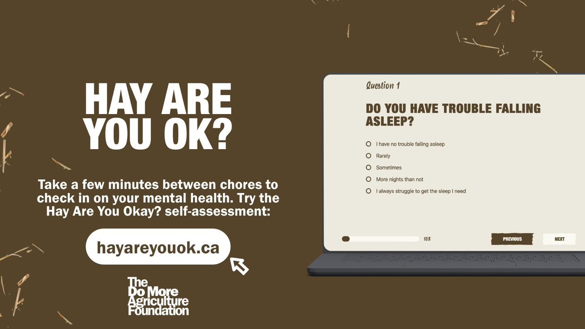 domoreag's tweet photo. Farming is unpredictable. And, there are steps you can take to manage when things feel heavy. 

The Hay Are You Okay? self-assessment is an anonymous tool designed to help you better understand your stress and how it's showing up in your life. And, if you need help, that's there too.

Take the self-assessment at https://t.co/L07QspLz6E

This tool is made possible through the support of @Bayer4CropsCA

#FarmerHealth #RuralMentalHealth #CdnAg