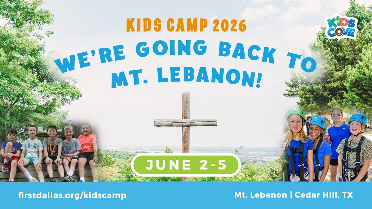 firstdallas's tweet photo. Kids Camp 2026 is heading back to Mt. Lebanon! Join us June 2-5 for an unforgettable week filled with worship, outdoor adventures, new friendships, and opportunities for kids to grow in their faith.

Learn more and register at https://t.co/juFaadrTli. https://t.co/SvGxJra7be