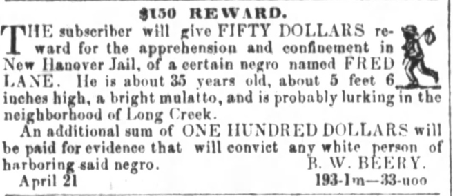 FromSlaves's tweet photo. In April 1852, I left Beery's property and stayed close to Long Creek in New Hanover County, NC. I had not gone far. I stayed near the people I knew. Beery offered twice the reward to find them as he did to find me. My name was FRED LANE. #slavery #NC #BlackHistory https://t.co/tx3Hoz9BCW