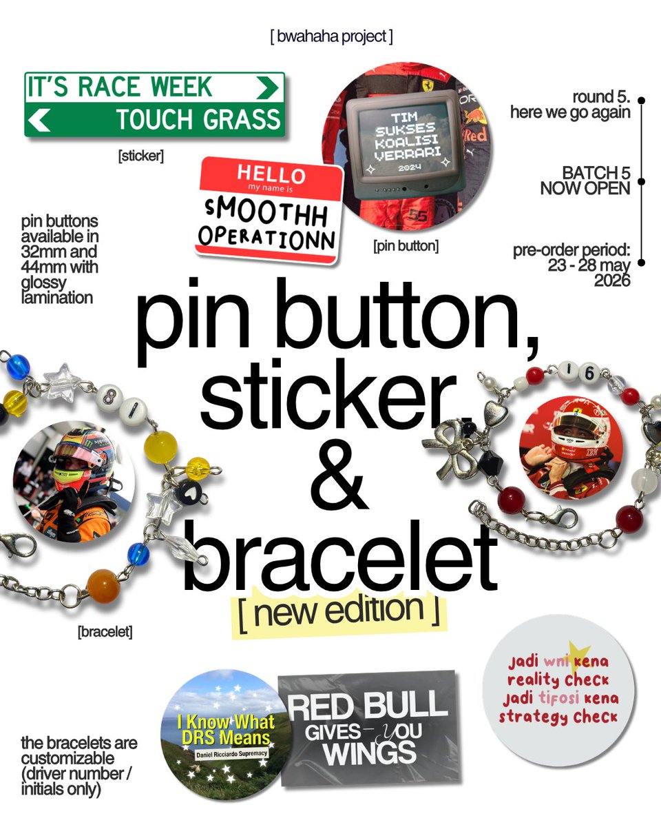 naollatic's tweet photo. HERE WE GOOO 🏁 back for round 5!

Pre-order Formula 1 pin button, sticker, &amp; bracelet 

★ PO period:  23 may - 28 may
★ checkout on shopee only https://t.co/VBp03Oy3aT