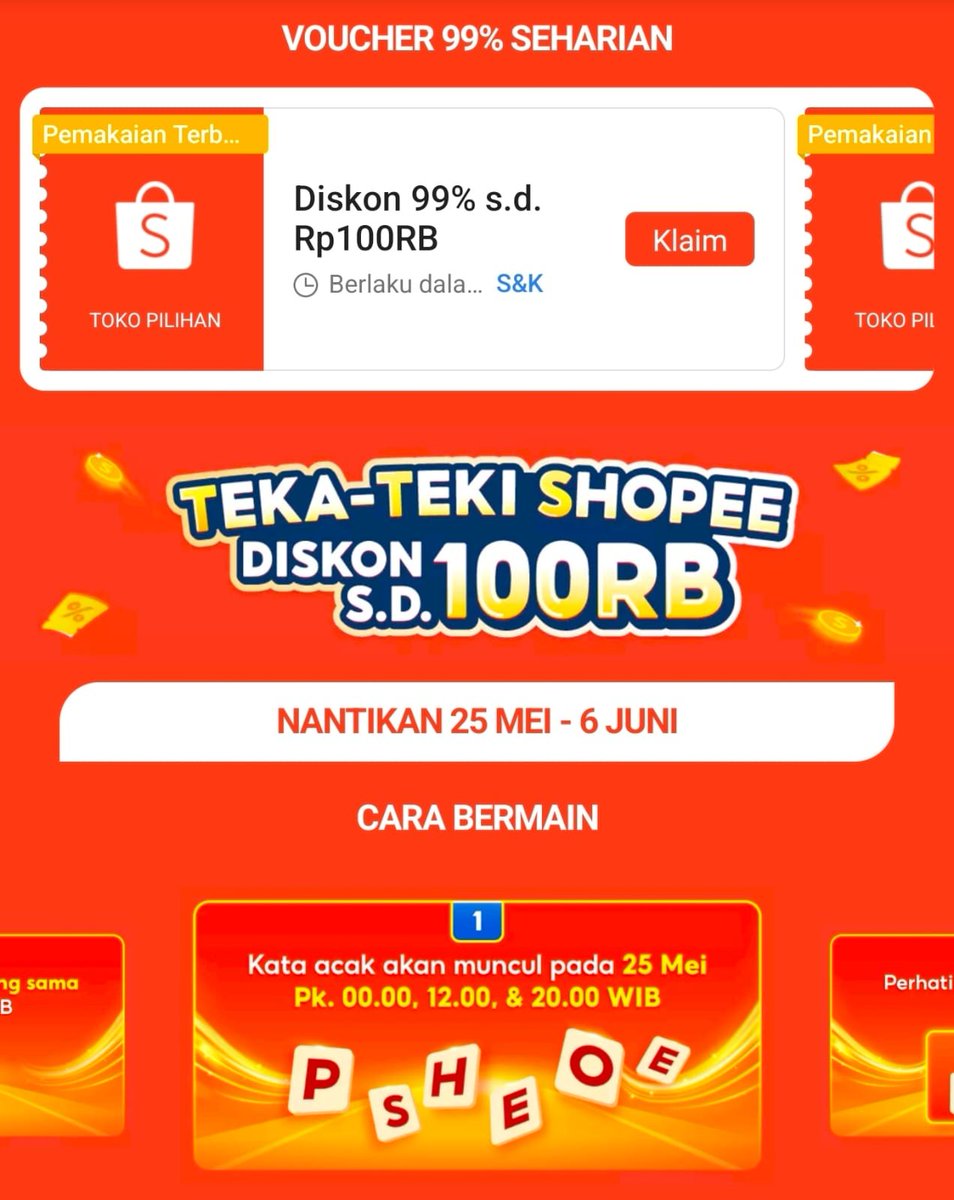 AkulahPara's tweet photo. [Part 1/3]
Voucher Shopee Gajian Sale
🗓 25 Mei
⏰️ 00:00, 12:00, 20:00

Diskon 99% 100rb sudah bisa diklaim di sini:
https://t.co/VP6lK9DTVJ

Diskon 99% 5rb tidak perlu klaim
https://t.co/XYCUCGj2Pj

Teka-teki Shopee Diskon (?%) s/d 100rb
https://t.co/lC4fIWXIJP https://t.co/rBxirLpjJg