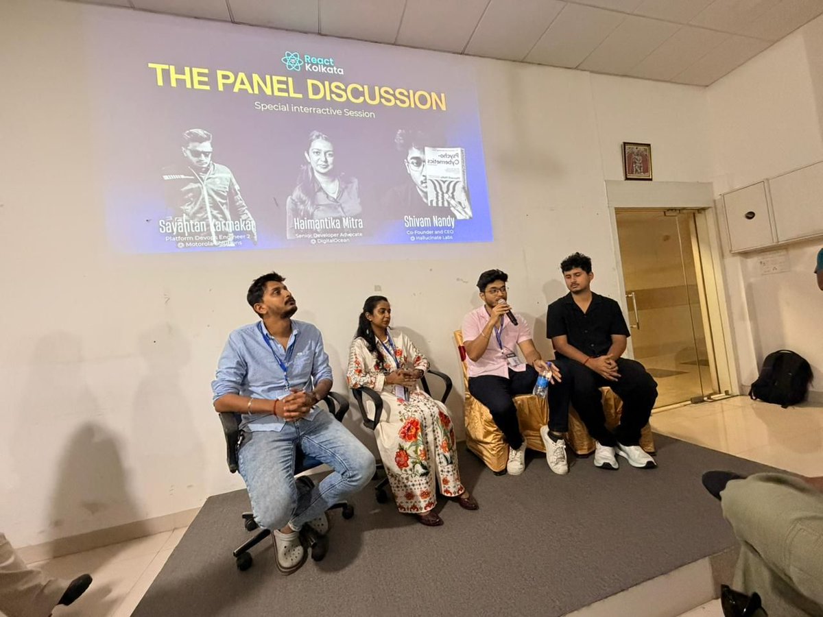 reactkolkata's tweet photo. 🎙️Bonus Session Alert at React Kolkata!

Interactive panel discussion hosted by @Arindam_1729 featuring:

Sayantan Karmakar, Haimantika Mitra, Shivam Nandy &amp; Hrittik Roy

From AI and frontend evolution to careers &amp; community building — the discussions are getting interesting 👀🔥 https://t.co/gP7HSQomHO