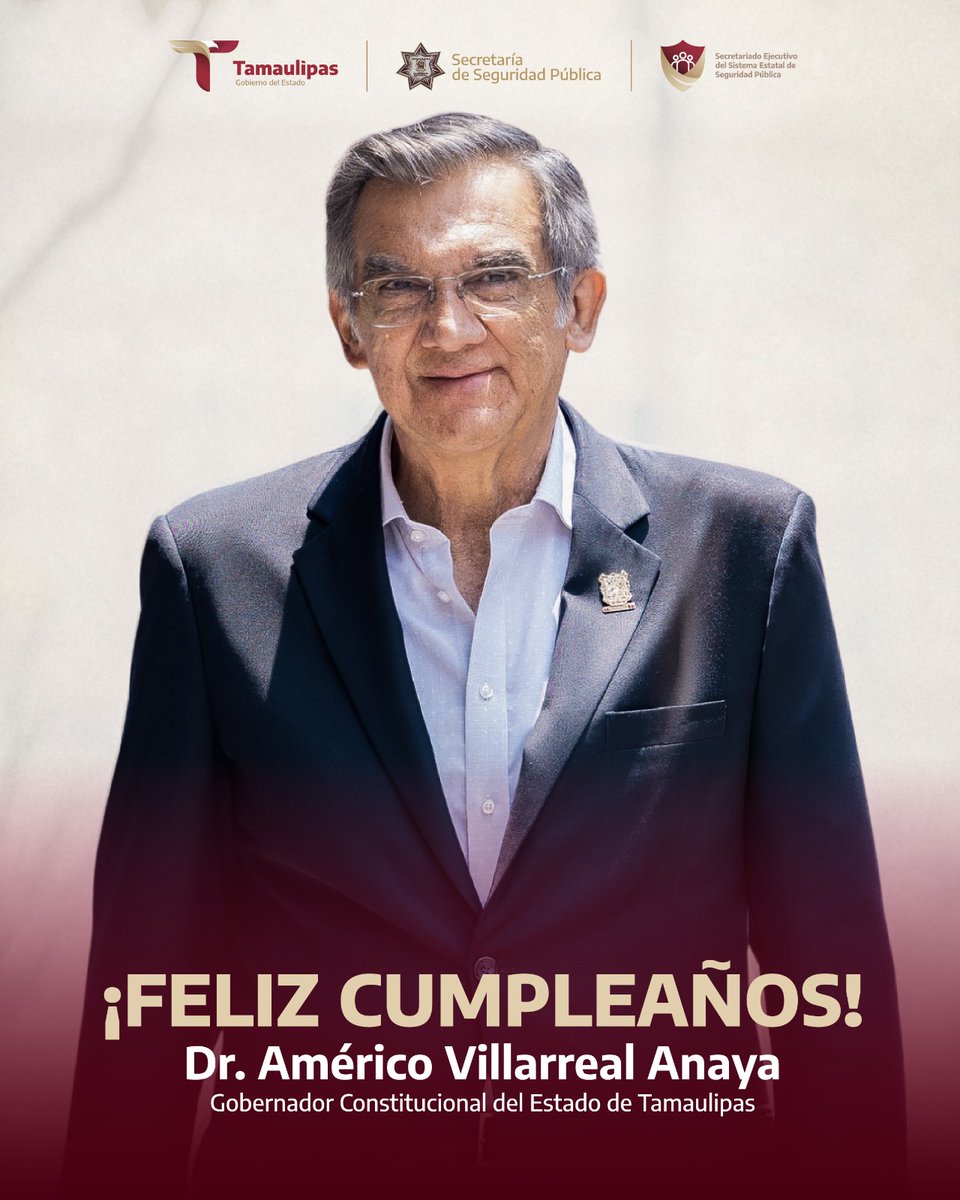 SesespT's tweet photo. El SESESP expresa una atenta felicitación al Dr. Américo Villarreal Anaya, Gobernador Constitucional del Estado, con motivo de su cumpleaños.

Reconocemos su liderazgo, compromiso y vocación de servicio en favor de las y los tamaulipecos.

¡Muchas felicidades! https://t.co/1BO0p7zHdP