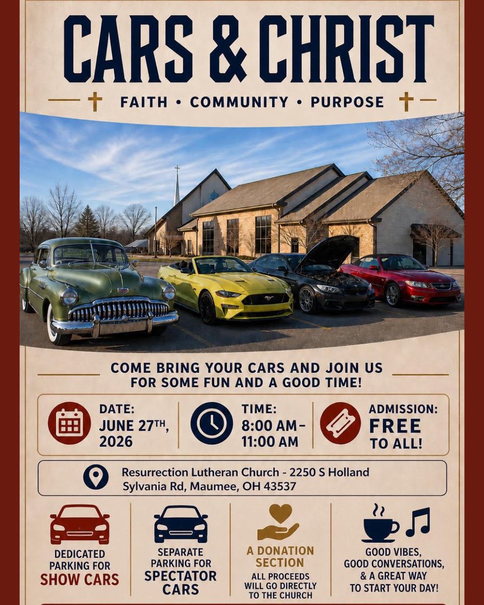 RaisedWithJesus's tweet photo. Mark your calendars for June 27th! Start your morning with cool cars and good conversations. We can't wait to see you there! https://t.co/8ou4Pkty7j