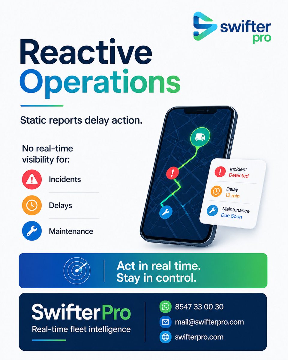 swifterpro_'s tweet photo. Reactive operations slow business down.
SwifterPro gives you real-time visibility into incidents, delays &amp; maintenance alerts — so you can act instantly and stay in control. ⚡🚛

#SwifterPro #FleetManagement #RealTimeTracking #SmartOperations #GPSTracking #LogisticsTech https://t.co/tqeMG6qmc3