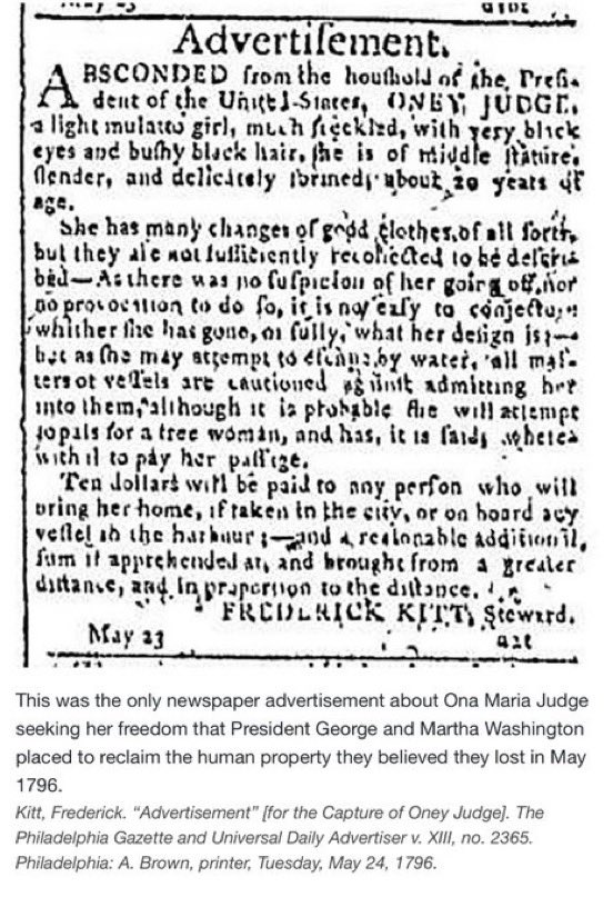 Jazzieeiswhoiam's tweet photo. #OTD May 23, 1796: A newspaper ad was placed seeking the return of Ona “Oney” Judge, an enslaved Black woman who had “absconded from the household of the President of the United States, George Washington”.
#History 
https://t.co/d6NwbhZPNq https://t.co/02CoN8V1z5