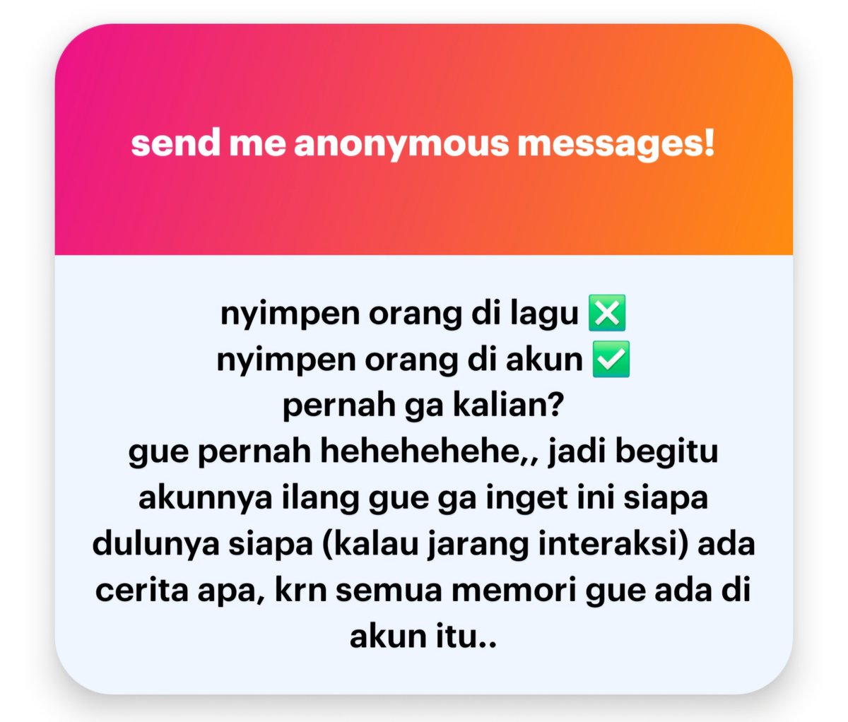 KACAUMANIAagc's tweet photo. ㅤㅤ
ㅤㅤ
Gue ga ngimpen orang di akun, cuma gue jiga tipe yang kalau ga interaksi kadang suka lupa ini siapa ya.
Kalau kalian gimana?
ㅤㅤ
ㅤㅤ https://t.co/Cuh8NAOv8v