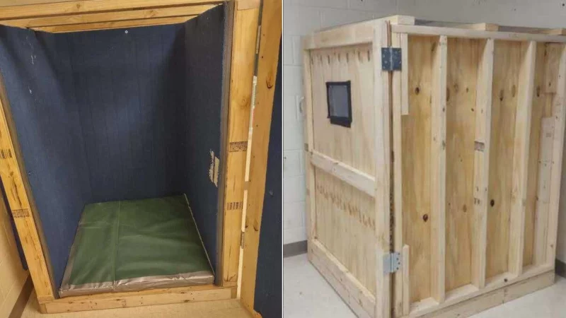 RoganBarbara's tweet photo. School kids with disabilities in the Salmon River Central School District, NY. including Mohawk children, were confined by special education teachers in wooden boxes. A dozen staff members assisted. #DemsUnited  https://t.co/aacMyGOVYA https://t.co/TsgpN8pIHN
