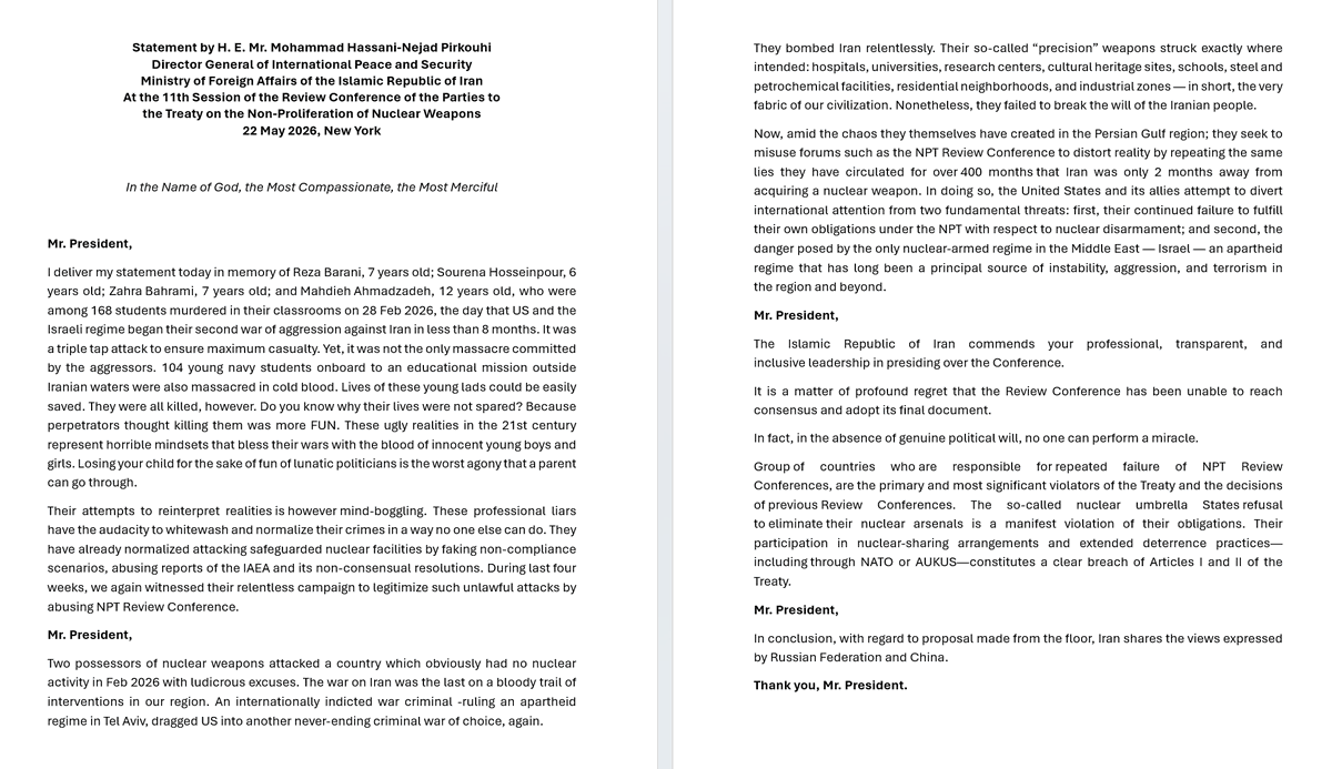 IRANinHUNGARY's tweet photo. 2026 NPT Review Conference ended without a final document—for the 3rd time in 16 years—due to lack of political will by some states. The US & allies sought to deflect from their disarmament failures and Israel’s nuclear threat. Iran’s full statement is as follows:
#NPTConference https://t.co/fNnQYmAtCp