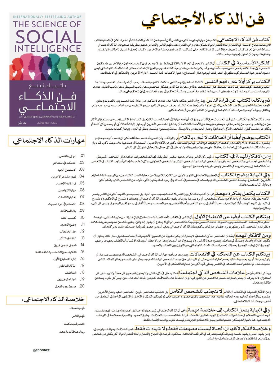 EcoOneE's tweet photo. مهارات الذكاء الاجتماعي 👇🏻:
1.الوعي بالنفس
2.التحكم في المشاعر
3.الاستماع الجيد
4.فهم مشاعر الآخرين
5.قراءة لغة الجسد
6.مهارة التواصل
7.اختيار الكلمات
8.التحكم في نبرة الصوت
9.بناء العلاقات
10.كسب الثقة
11.وضع الحدود
12.حل الخلافات
13.الإقناع والتأثير
14.العمل ضمن فريق
15.التكيف مع الشخصيات
16.إدارة الانطباع الأول
17.الذكاء العاطفي
18.التعاطف
19.احترام الاختلاف
20.حسن ردود الفعل