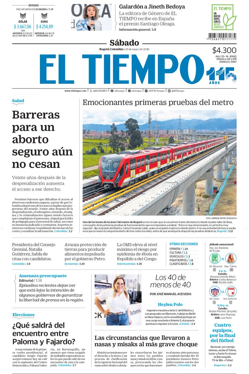 ELTIEMPO's tweet photo. ☀Buenos días, esta es nuestra portada para hoy sábado 23 de mayo.

Inicie el día con las noticias más importantes de Colombia y el mundo ➤ https://t.co/jHC9v0ZxXK https://t.co/md2Ge8hezA