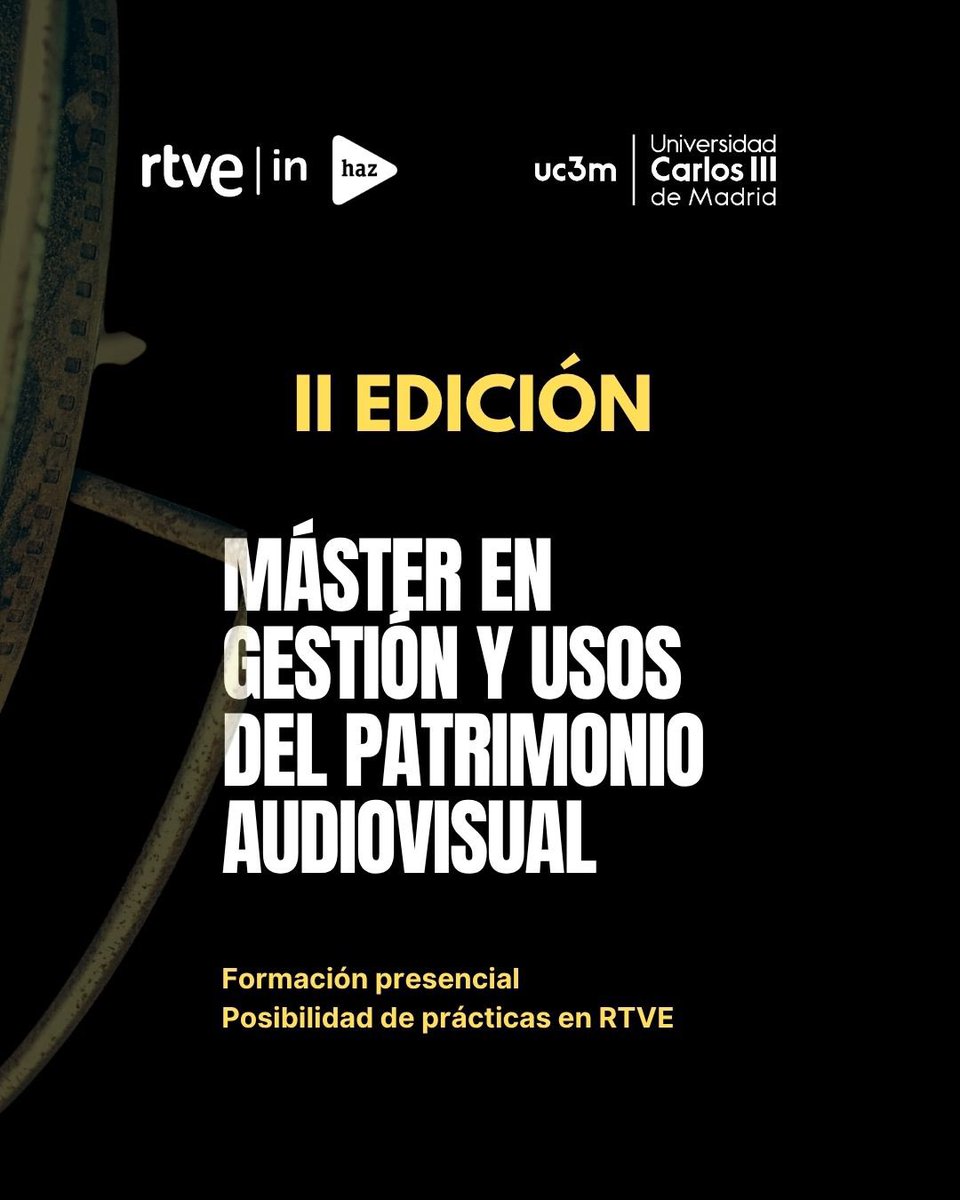 RTVEin's tweet photo. ¿Te imaginas trabajando en el @ArchivoRTVE? 📺🎞️
Abierta la preinscripción para la 2ª edición del Máster en Gestión y Usos del Patrimonio Audiovisual. Una alianza estratégica entre @RTVEin y la @uc3m. @rtve 
📍 Presencial Madrid/Prado del Rey
¡Plazas limitadas! Inscríbete https://t.co/ufmH2XacV1