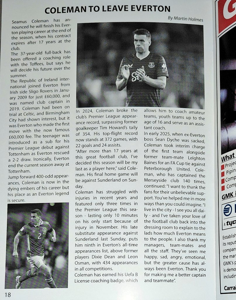 christopher7590's tweet photo. Programme issued at @DerryCityFC for last night's game (which in 2026 is always appreciated) and contained an article on an Irish football legend and his departure from @Everton #SixtyGrandSixtyGrand 💙 #SeamusColeman https://t.co/dyzcdJ5Bgi