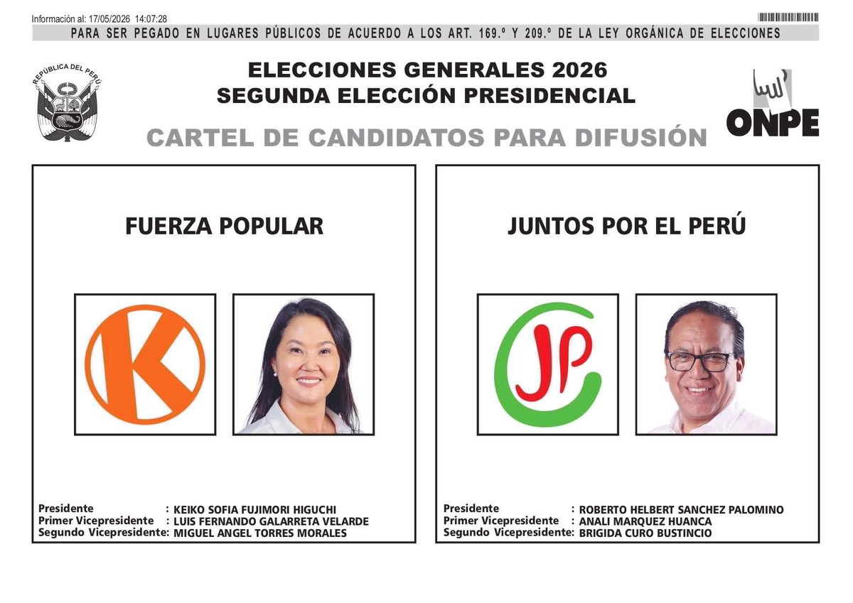 ConperQuito's tweet photo. En virtud a lo señalado en el artículo 209° de la Ley N° 26859, Ley Orgánica de Elecciones, compartimos con la comunidad residente en esta circunscripción consular la lista de los candidatos correspondientes a la Segunda Elección Presidencial en el marco de las #EG2026 https://t.co/E8jjR6nXNj