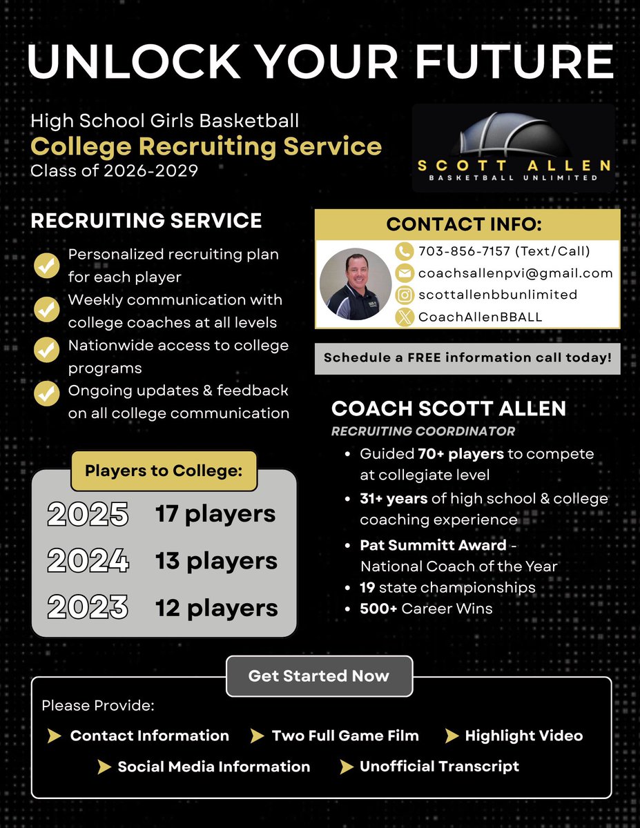 ScottAllenBBALL's tweet photo. 🚨 2027 &amp; 2028 Girls Basketball Players 🚨

I currently have 3–5 openings available through Next Step Recruiting for players looking for guidance building a college recruiting plan.

DM or email for more information:
📧 coachsallenpvi@gmail.com

#GirlsBasketball #WBB #Recruiting https://t.co/peLBCoQHFg