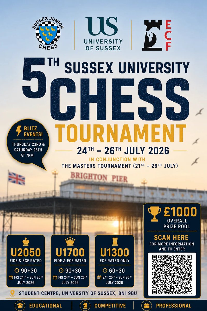 SUChessTourneys's tweet photo. We are excited to announce an incredible summer of chess at the University of Sussex, featuring the Sussex Masters, U2050, U1700, & U1300 tournaments, alongside Blitz events, a summer school, a simultaneous exhibition, & much more!

Links for the tournaments;
https://t.co/R7luVtd4AT
https://t.co/YqMPB1efni

@ecfchess @EngChessTrack @schoolschess