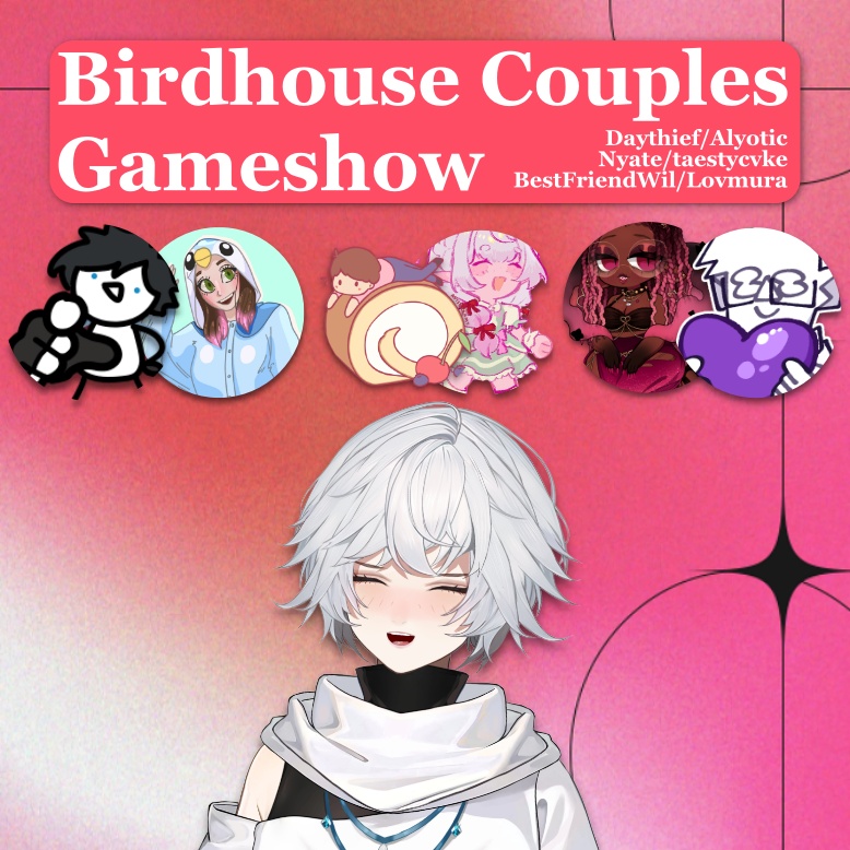 kanalia_s's tweet photo. HOW MUCH DO YOU🫵KNOW YOUR POOKIE

BIRDHOUSE COUPLES GAMESHOW
Feat. Daythief/Alyotic, Nyate/taestycvke, BestFriendWil/Lovmura

🗓️JUNE 1ST, 2026 - 6:00 PM
One of MANY events during the Birthday Donothon!

All funds will go towards the next BIRDCLUB live show! Live on Twitch!👇 https://t.co/kSFU0PM5qj