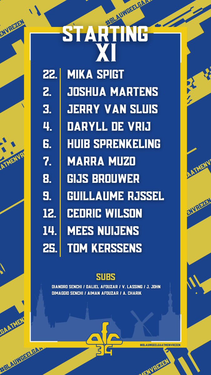 AFC34's tweet photo. De opstelling van AFC’34 1 voor de laatste wedstrijd tegen Victoria 1. Staat niets meer op het spel voor beiden. Maar is er altijd nog iets van EER ! 💙💛💙 https://t.co/4bMNVQ2izY