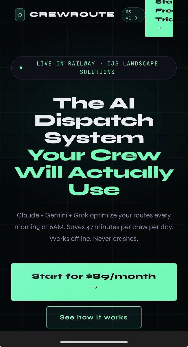 jonnyplants's tweet photo. Very few survive a real 6am with 4 late jobs and a crew already behind.

CrewRoute is different.

It doesn’t just optimize routes — it watches itself. When the models start failing, Safe Mode is activated it protects the entire operation operated with 

Claude + Gemini + Grok https://t.co/mpmpgyKWzI