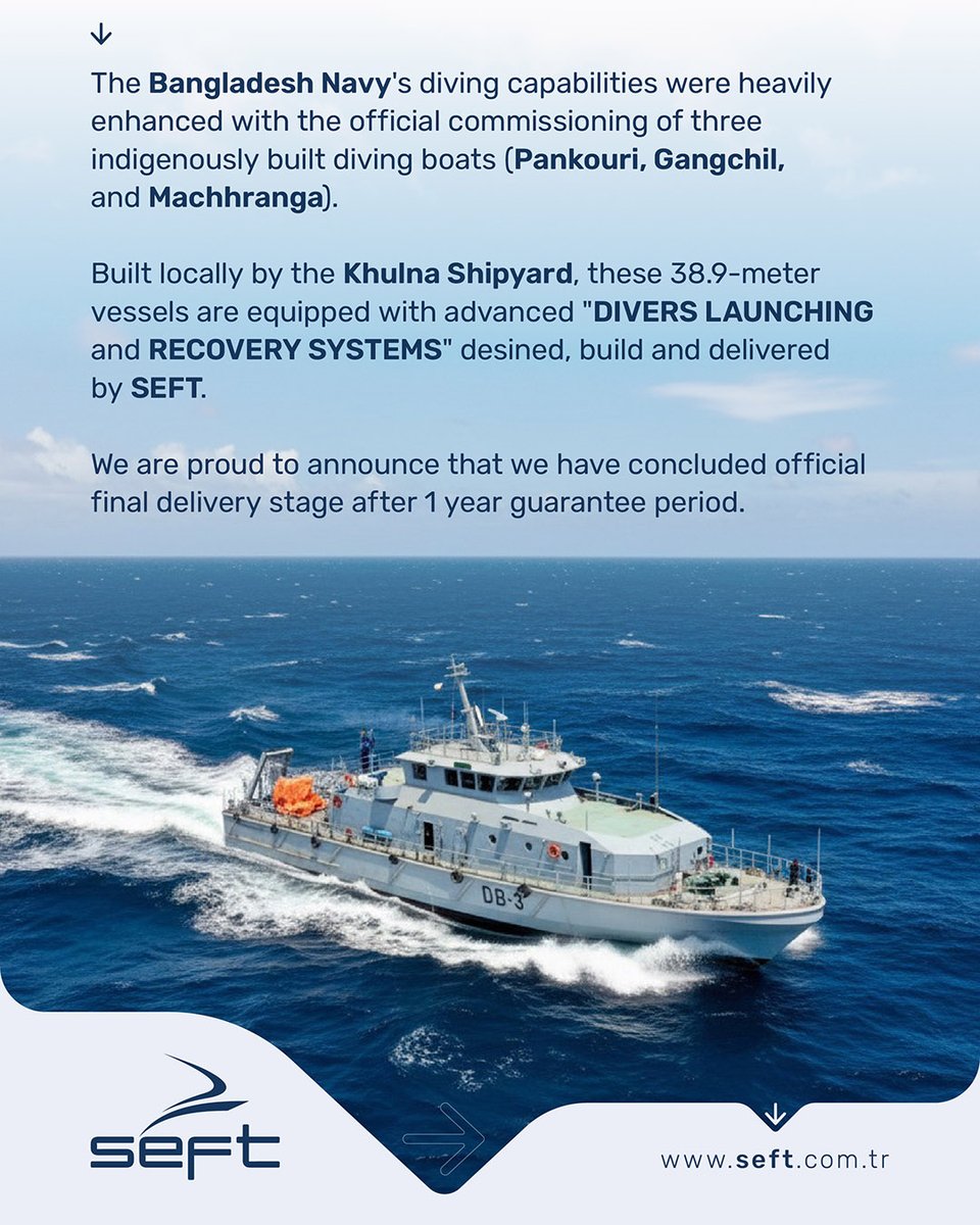 seftengineering's tweet photo. "DIVERS LAUNCHING and RECOVERY SYSTEMS" desined, build and delivered by SEFT.  

We are proud to announce that we have concluded official final delivery stage after 1 year guarantee period.  

#ShipDesign #Shipyard #KhulnaShipyardLimited #KSY #BangladeshNavy #SEFTengineering https://t.co/zf87pG9F9J