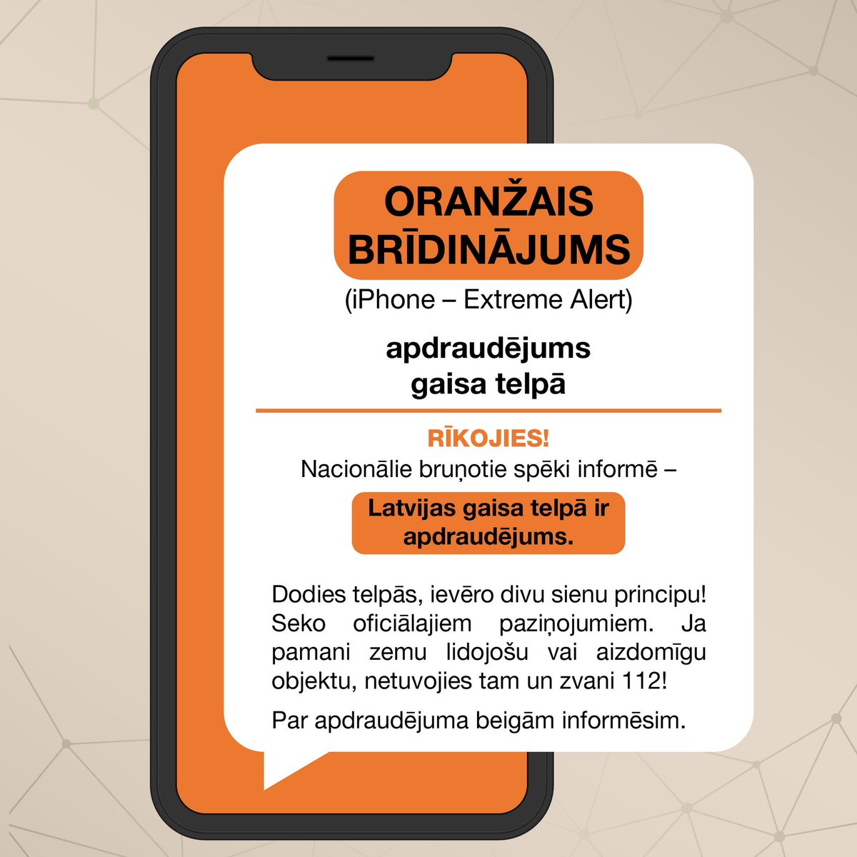 sargs_lv's tweet photo. ⚠️ No 23. maija Nacionālie bruņotie spēki izmantos divu līmeņu šūnu apraides paziņojumus gaisa apdraudējuma gadījumos.

🟡 Dzeltenais brīdinājums – iespējams apdraudējums Latvijas gaisa telpā. Papildu rīcība šobrīd nav nepieciešama, taču aicinām sekot informācijai.

🟠 Oranžais brīdinājums – konstatēts apdraudējums Latvijas gaisa telpā. Nekavējoties dodies telpās, ievēro divu sienu principu un seko oficiālajiem paziņojumiem.

ℹ️ Kā rīkoties gaisa apdraudējuma gadījumā:
https://t.co/mJQapEGeKy
https://t.co/CIUEBwEZ7W
