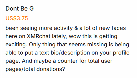 xmr_chat's tweet photo. Appreciate the tip! Yes, it's been awesome to see more content creators join XMRChat! We have other priorities to get to first, but we do plan to add counters to the homepage. For the bio on tip pages, that's tricky because space on mobile is low. If you have ideas on how to make that look good, we're open to it.